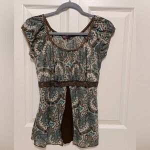Agenda Paisley Babydoll Top - Brown, Teal & Cream pattern